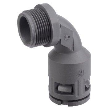 RQB90-M, AD28,5-M25, Kunststoff-Schnellverschraubung 90° Bogen für Wellschlauch, grau, Außengewinde metrisch, hochdichtend, AD 28,5, M 25 x 1,5