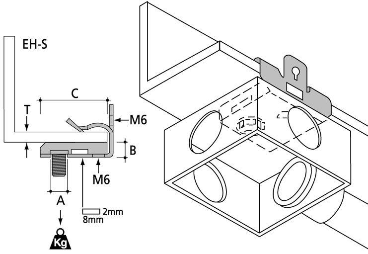 HEH-38S, Trägerklammer Leitungsrohr-Gehäuse, Flanschstärke 3…8mm, M6, mit Schraube