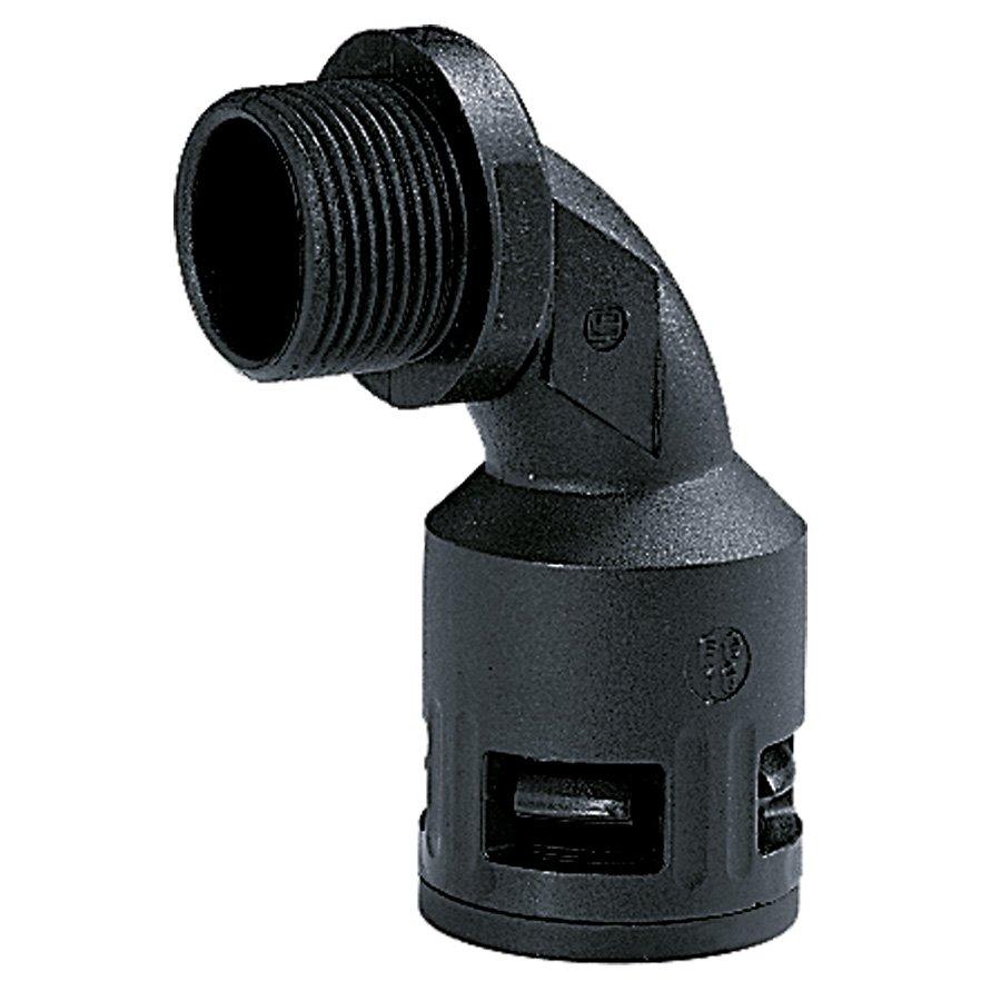 RQB1 90-M, AD21,2-M20, Kunststoff-Schnellverschraubung 90° Bogen für Wellschlauch, schwarz, Außengewinde metrisch, konisch dichtend, AD 21,2, M 20 x 1,5
