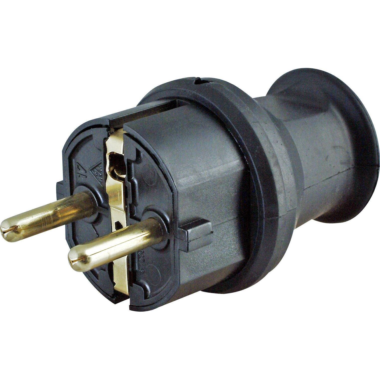 Stecker, Schutzkontakt-Stecker, Einsatz: Polyamid/Kappe: PVC, bruchfest, 2 Schutzkontaktsysteme und Knickschutz, für Kabel bis 3x1,5mm², Farbe: schwarz