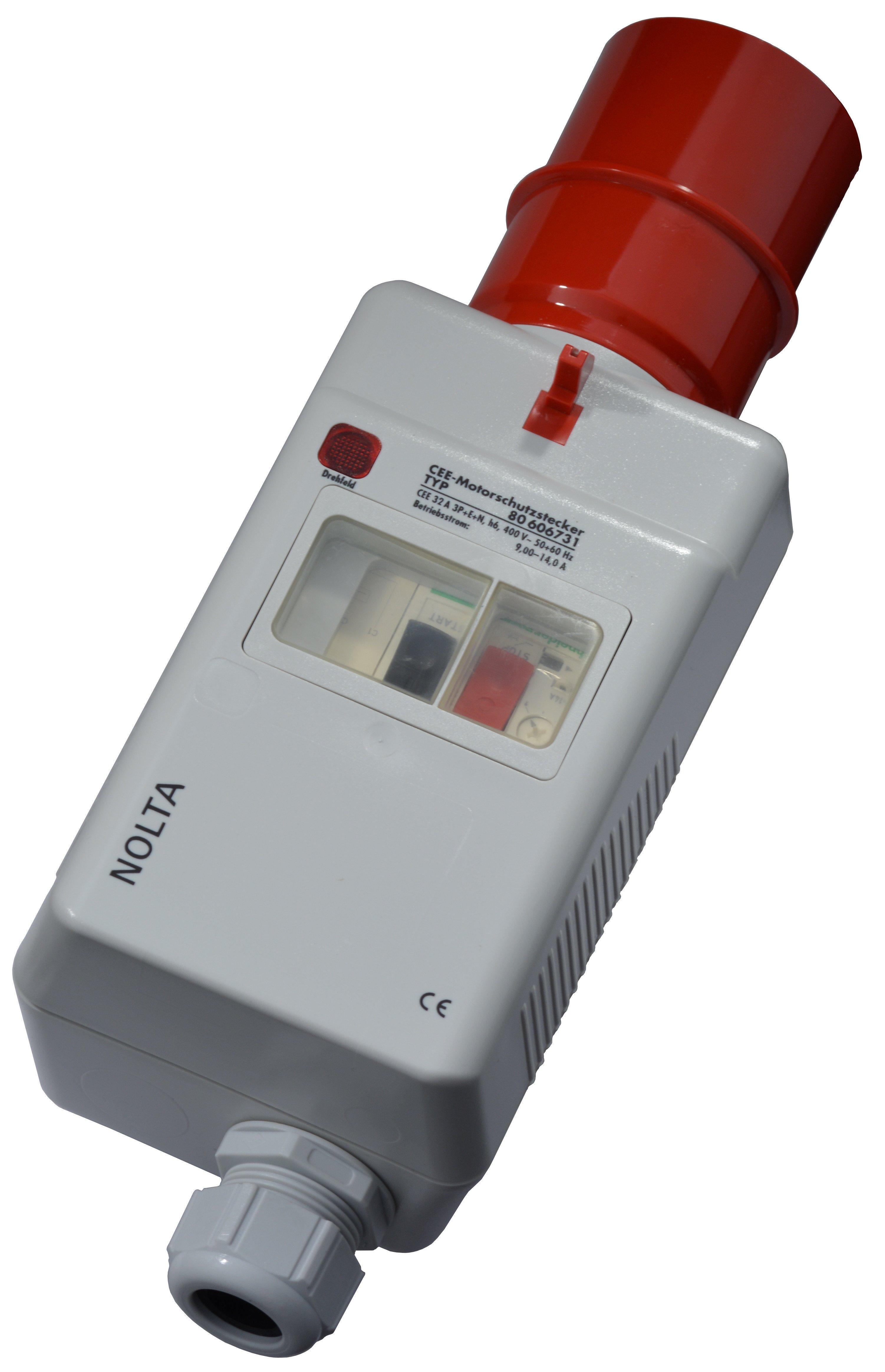 80 606730, Motorschutzstecker CEE 32A Drucktastenschalter , 5-pol. Thermokontaktüberw.+Arbeitsstromauslöser, Phasenwender + Drehfeldkontrolle