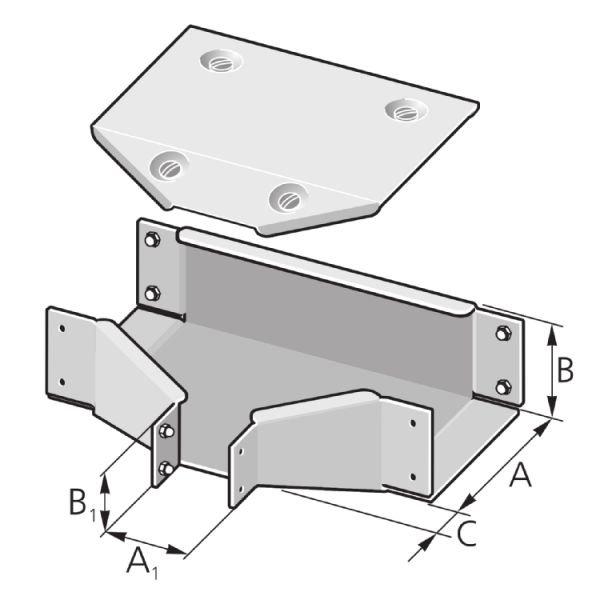 TDFR 300150 100100  S, Industrie-Kanal, T-Stück, Deckel in Flucht, Reduzierung, Stahl, verzinkt, 300x150 mm