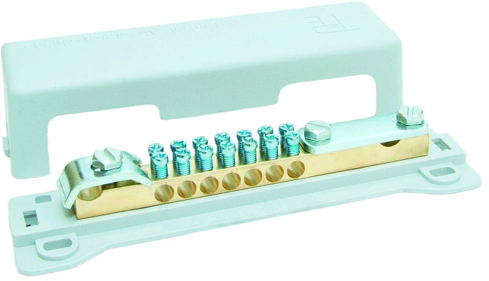 NPOTA2.01, Potentialausgleichsschiene, 7x2,5 ... 25mm, Klemmlasche für Flachleiter 30x4mm / Rundleiter 8...10mm, Klemmbügel für Rundleiter 25...50mm