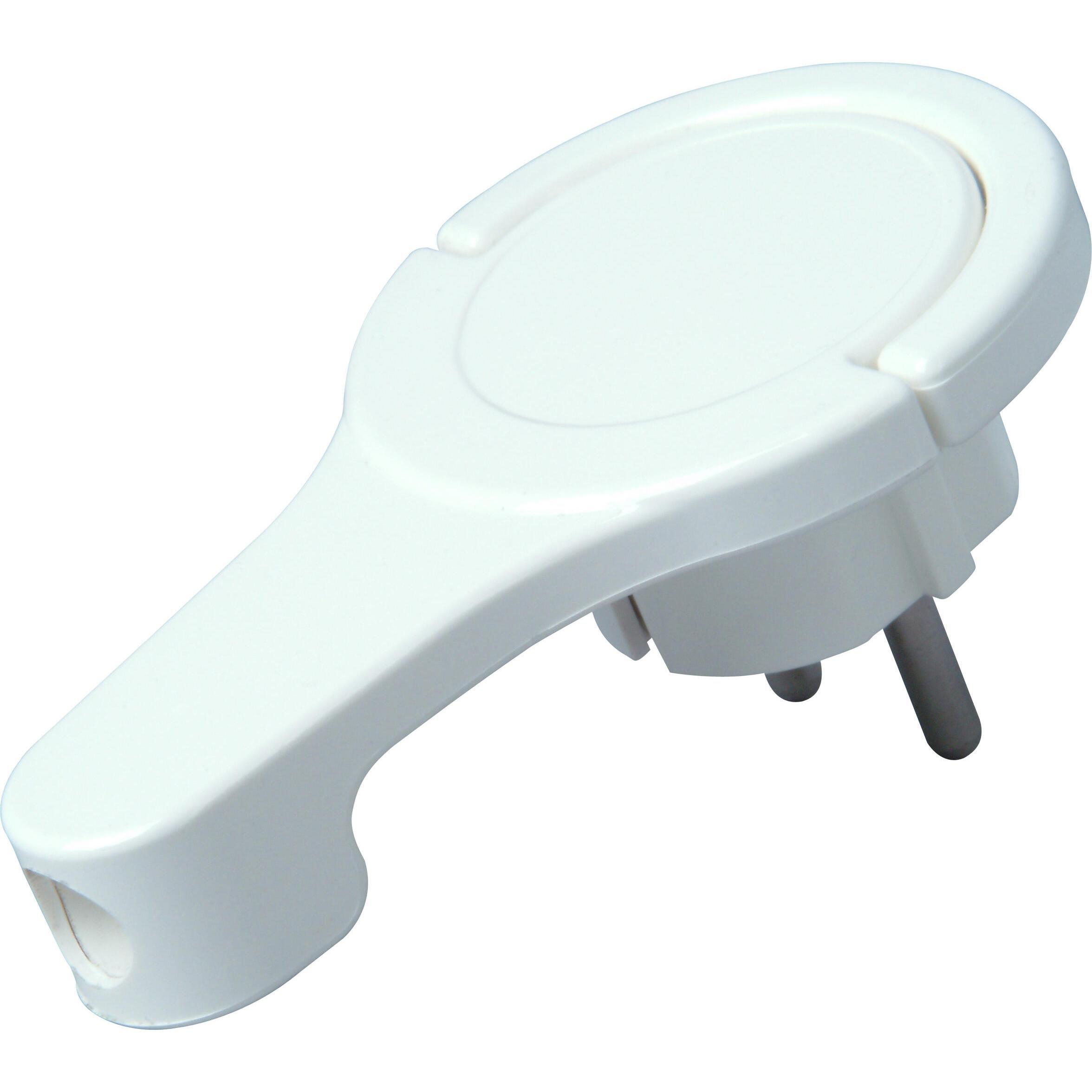 Stecker, Kunststoff-Schutzkontakt-Winkelstecker, extraflach, mit Bügel, 2 Schutzkontaktsysteme gemäß Norm CEE 7/VII, für Kabel bis 3x1,5mm², Farbe: arktisweiß