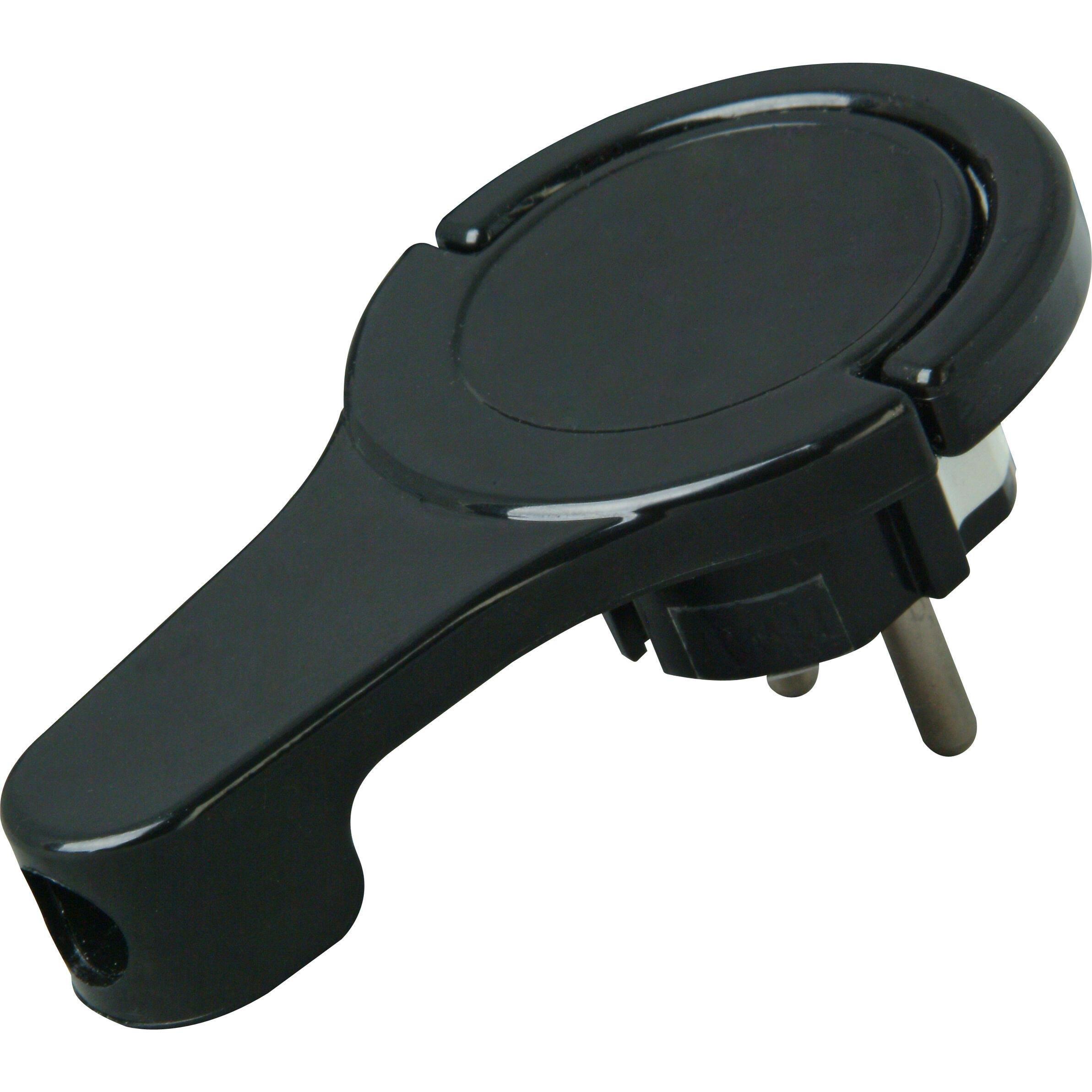 Stecker, Kunststoff-Schutzkontakt-Winkelstecker, extraflach, mit Bügel, 2 Schutzkontaktsysteme gemäß Norm CEE 7/VII, für Kabel bis 3x1,5mm², Farbe: schwarz