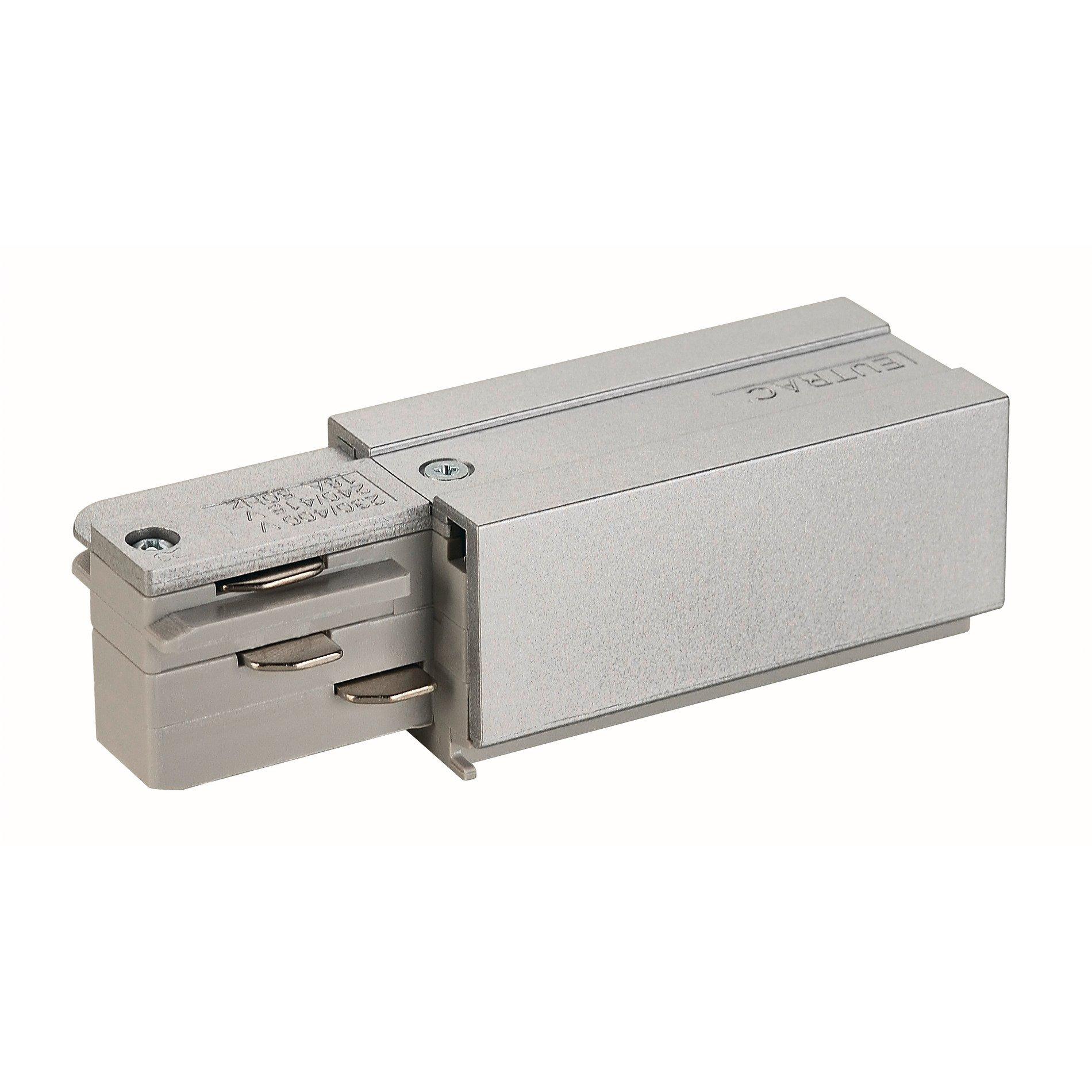 EUTRAC® Einspeiser rechts grau, EINSPEISER, für EUTRAC® Hochvolt 3Phasen-Aufbauschiene, Erde rechts, silbergrau