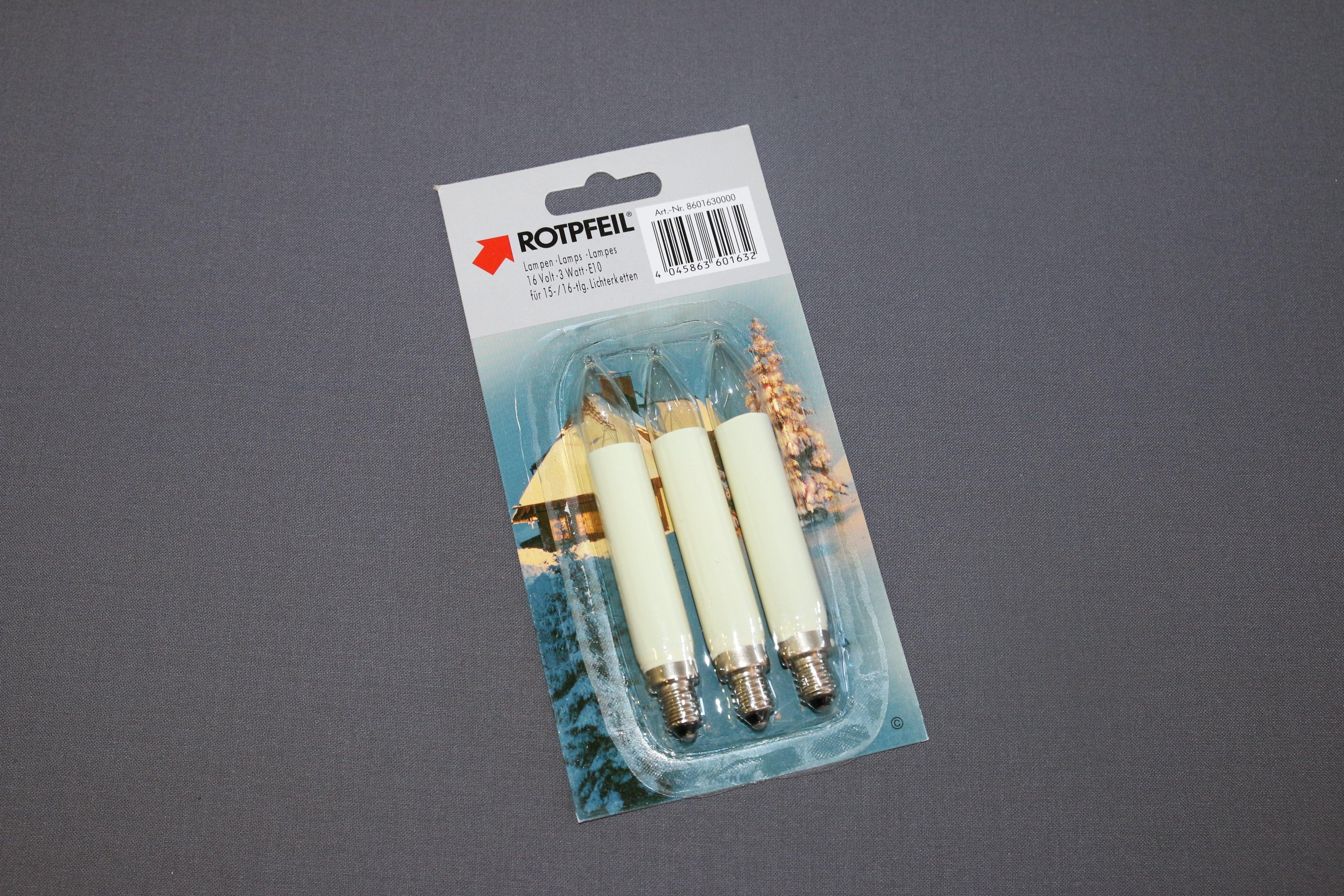 016-403, ROTPFEIL Blisterkarte mit 3 Ersatzlampen für 15tlg, Lichterketten,  Schaftlampen E10, 16V/3W, klar
