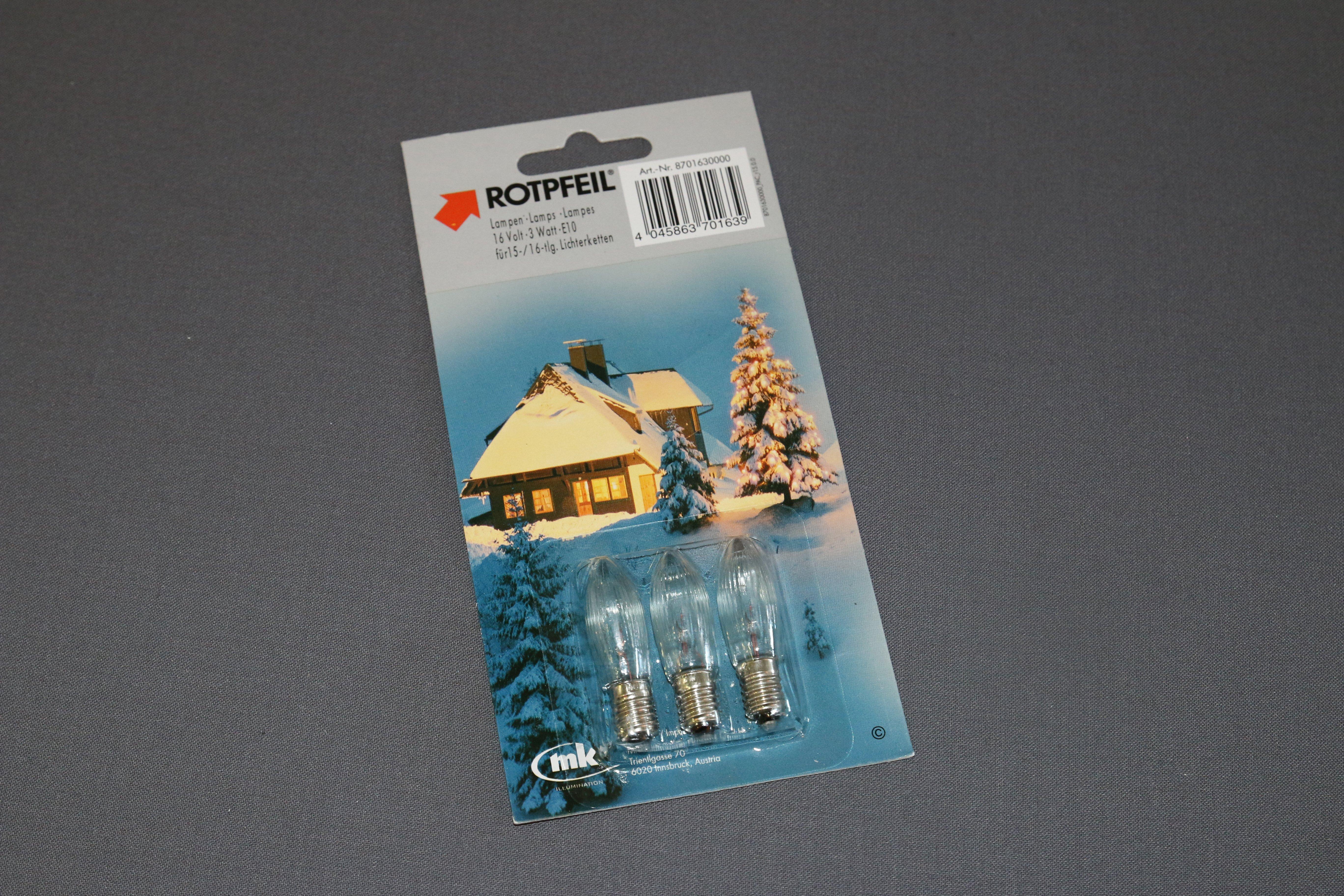 016-413, ROTPFEIL Blisterkarte mit 3 Ersatzlampen für 15tlg, Lichterketten Toplampen E10, 16V/3W, klar/geriffel