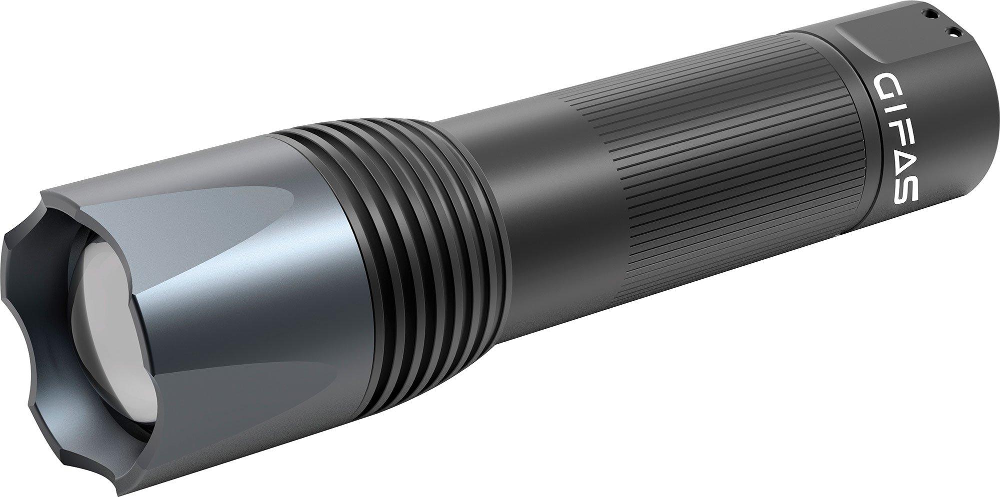 800002, GIFAS Taschenlampe TL/Torch S5Länge: 123mmDurchmesser: 32mmGewicht: 86gLichtstrom: 320lmLeuchtdauer: 23hBatterien: 3xAAAAusführung:- Gehäuse aus Flugz