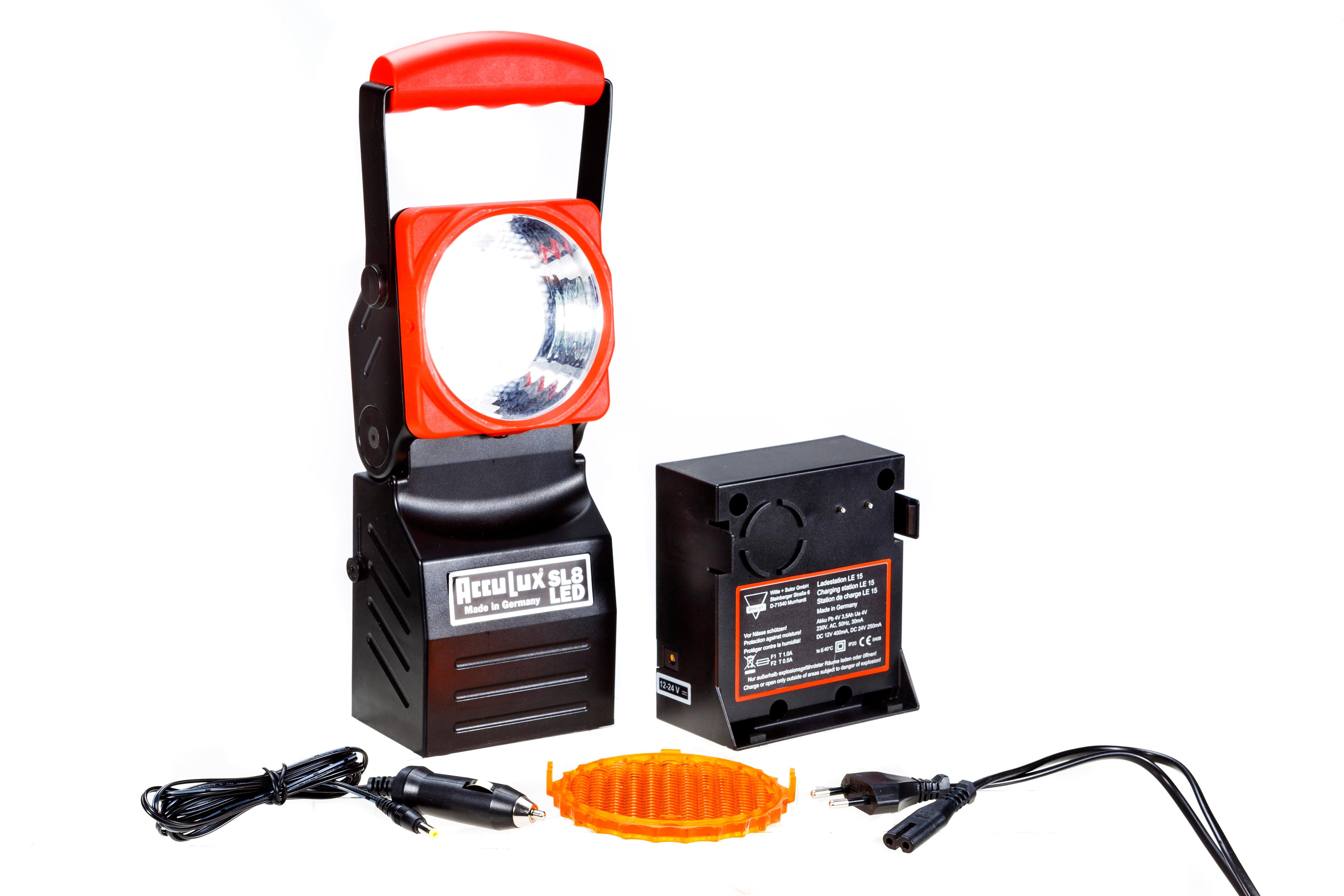 AccuLux SL 8 LED Set m. Focus, AccuLux SL 8 LED Set m. Focus, m. 3 Watt LED, 230V / 12-24V, sw./rot, in bedr. Faltkarton