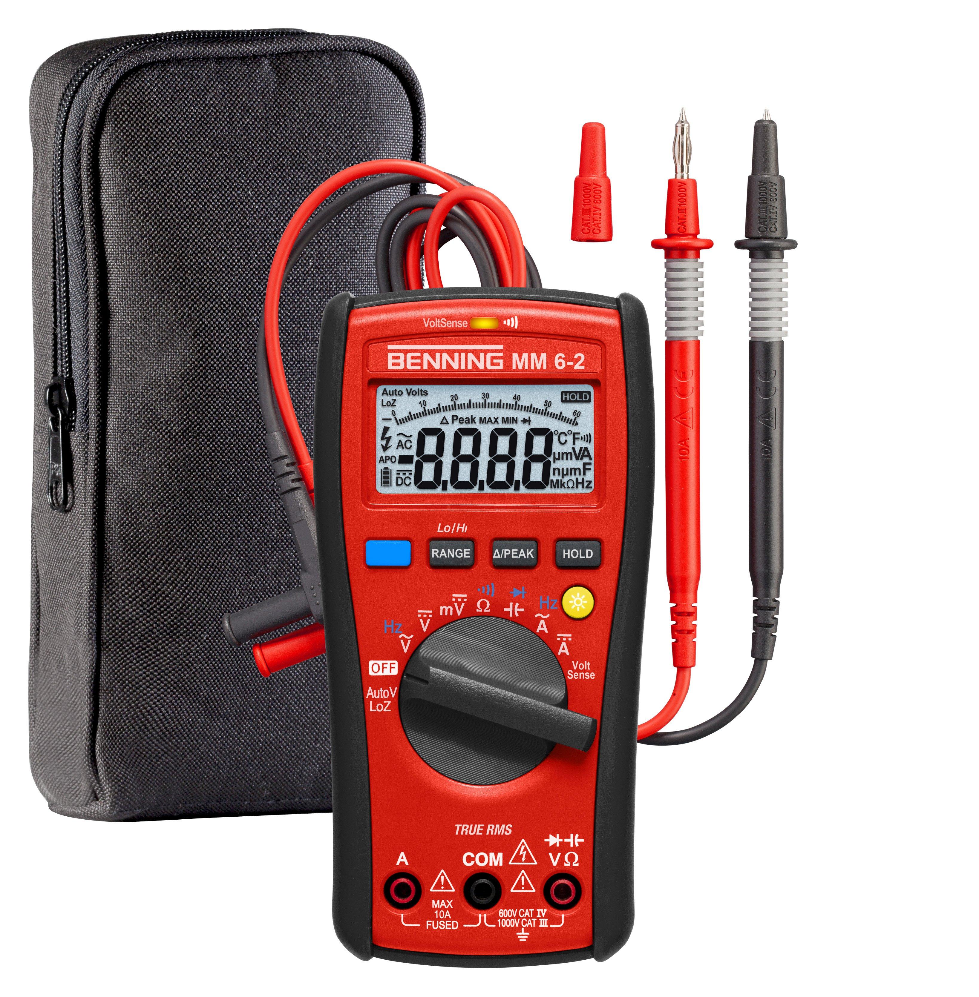 BENNING MM 6-2, True RMS Digital-Multimeter. Spannung 100µV - 1000V, Strom bis 10A, Widerstand, Freq., Kapaz., Durchg., Diode. AutoV, Hold. Cat IV 600V. Inkl. Zubehör