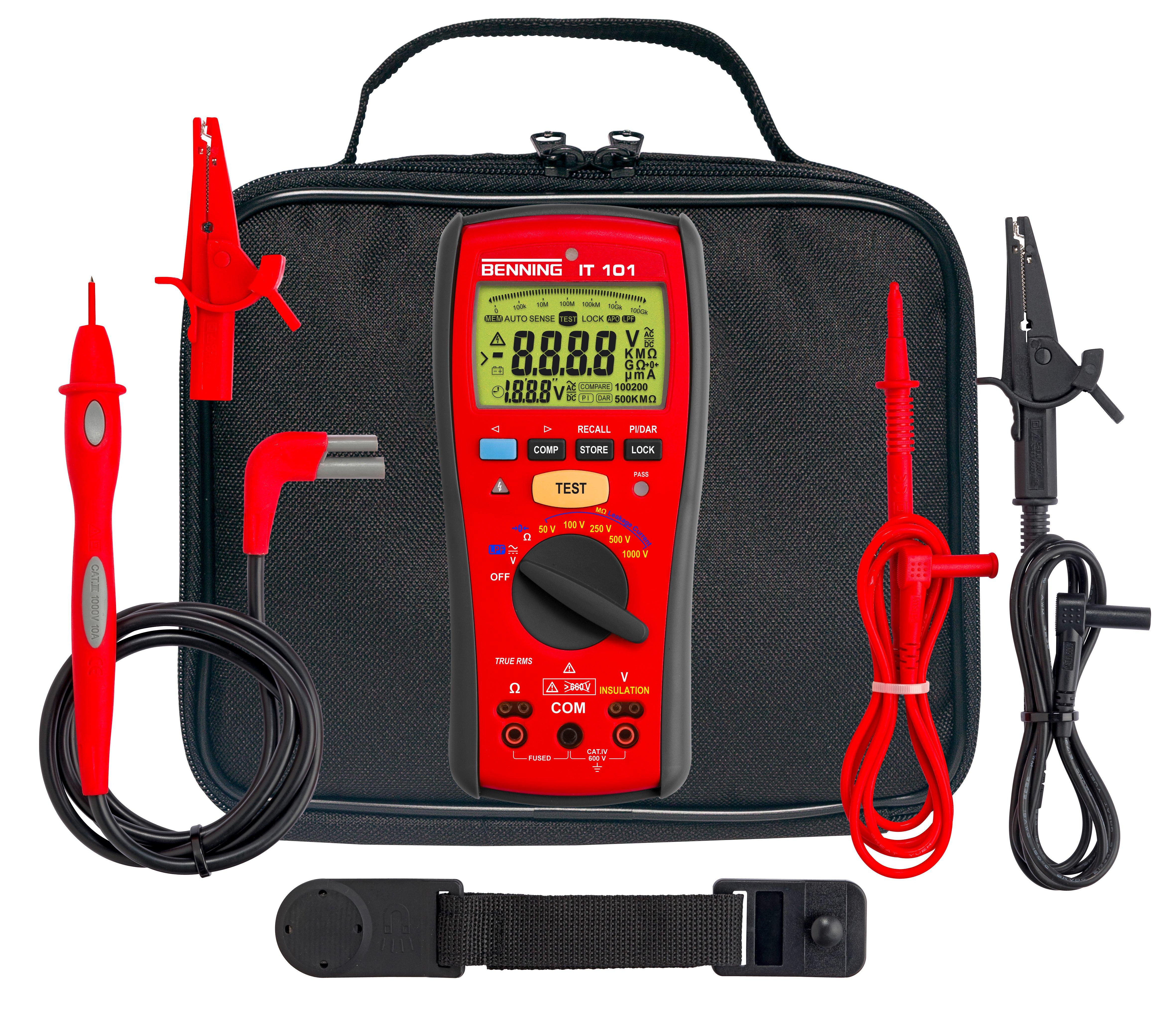 BENNING IT 101, Isolationswiderstandsmessgerät True RMS an elektrischen Anlagen. Grüne LED, Fremdspannung-LED, Speicher, Lock. Cat IV. Inklusive Zubehör.
