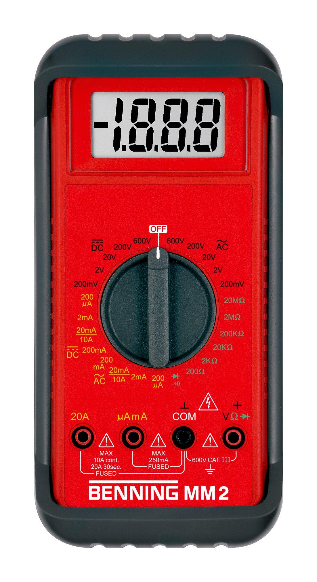 BENNING MM 2, Digital-Multimeter 100 µV - 600 V, 0,1 µA - 20 A, 0,1 Ohm - 20 MOhm. Durchgang. Diode. Zur Ionisationsstrommessung. Cat III 600 V. Inklusive Zubehör.