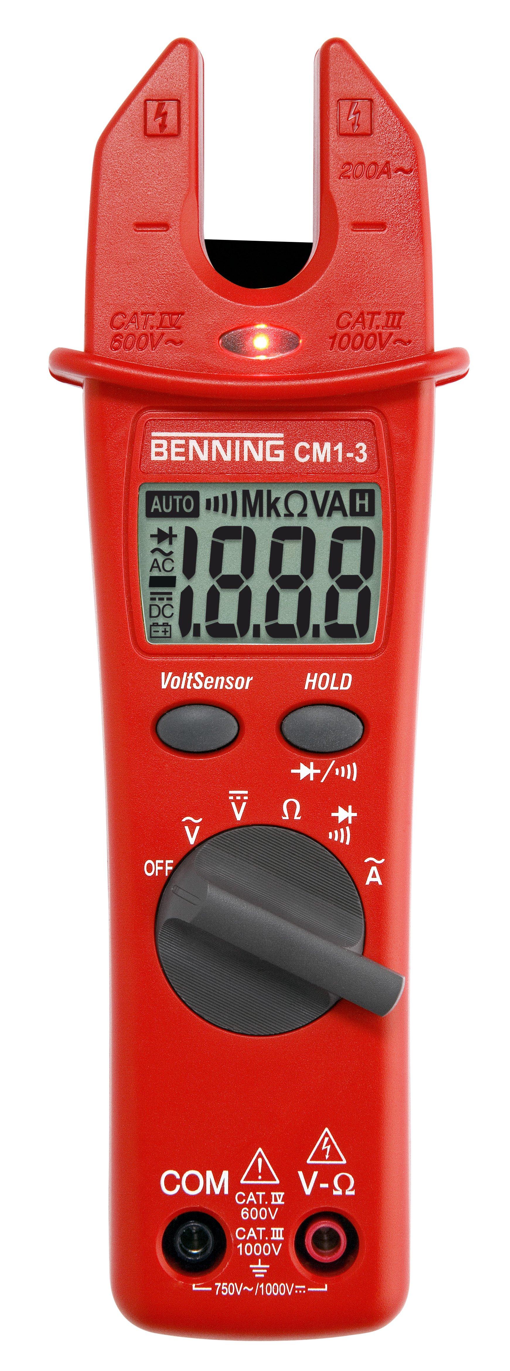 BENNING CM 1-3, Digital-Stromzange. Wechselstrom bis 200 A AC, Spannung, Widerstand, Durchgang, Diode. Cat IV 600 V. Voltsensor. Zange max. 16 mm. Inklusive Zubehör.