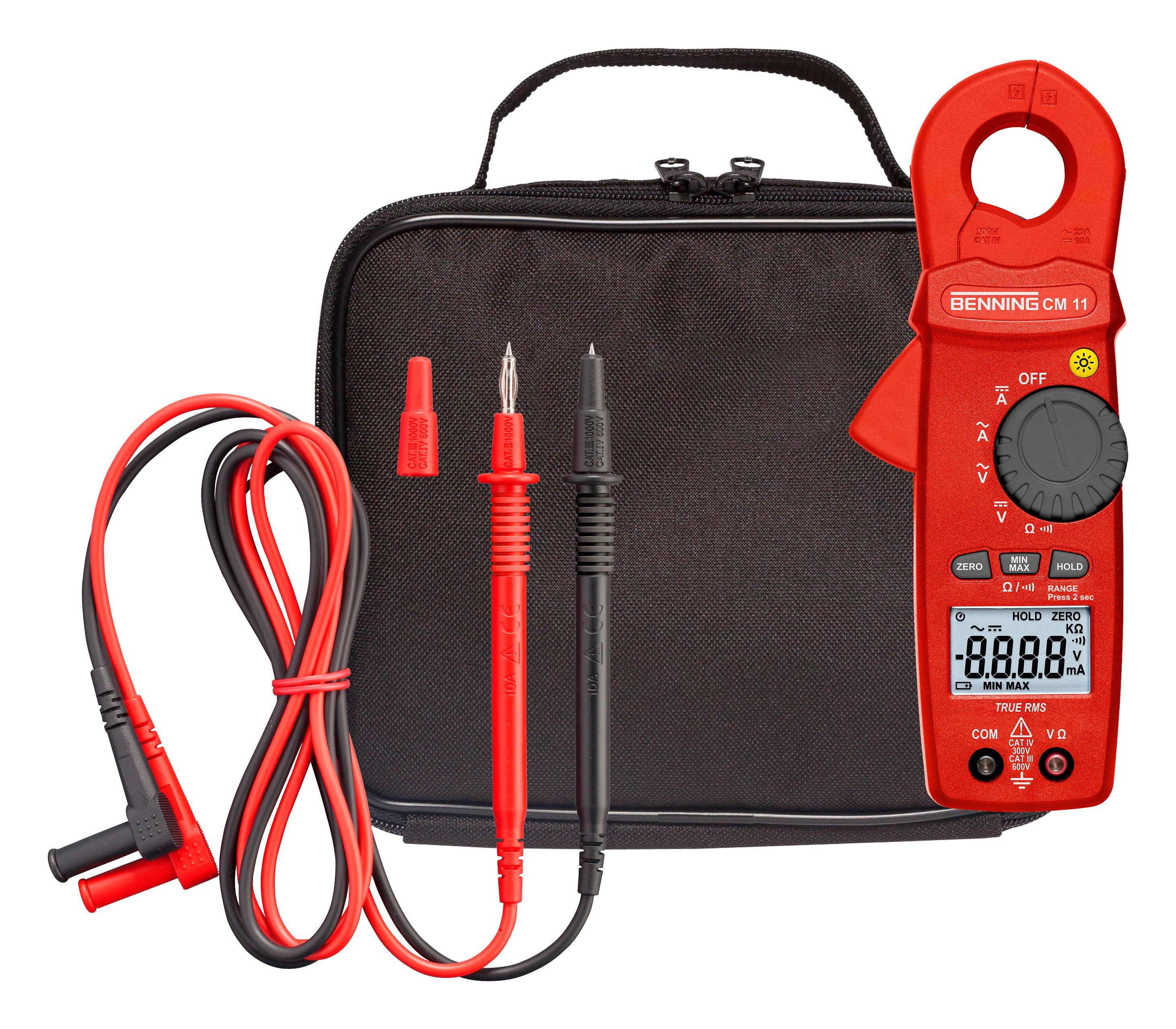 BENNING CM 11, True RMS-Stromzange Strom 0,1mA-20A AC/10A DC, Spannung, Widerstand, Durchgang. Ruhestrom. Hold, MAX/MIN, Zero. Cat IV 300V. Zange 23mm. Inkl. Zubehör