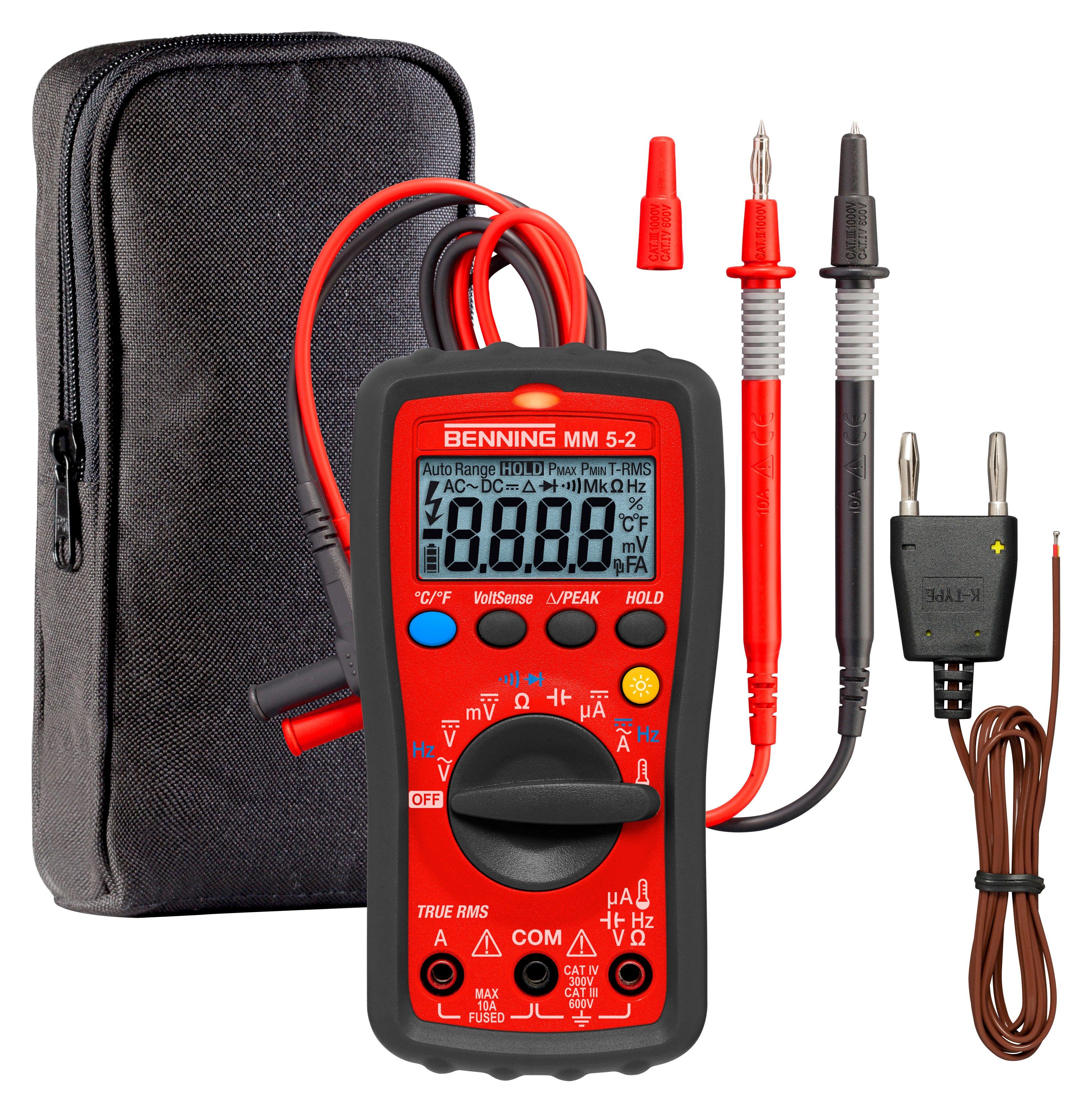 BENNING MM 5-2, True RMS Digital-Multimeter. 100µV - 600V AC/DC. Mikroampere DC. Frequ., Kapaz., Temperatur, Durchgang, Diode. Hold, Peak. Cat III 600V. Inkl. Zubehör