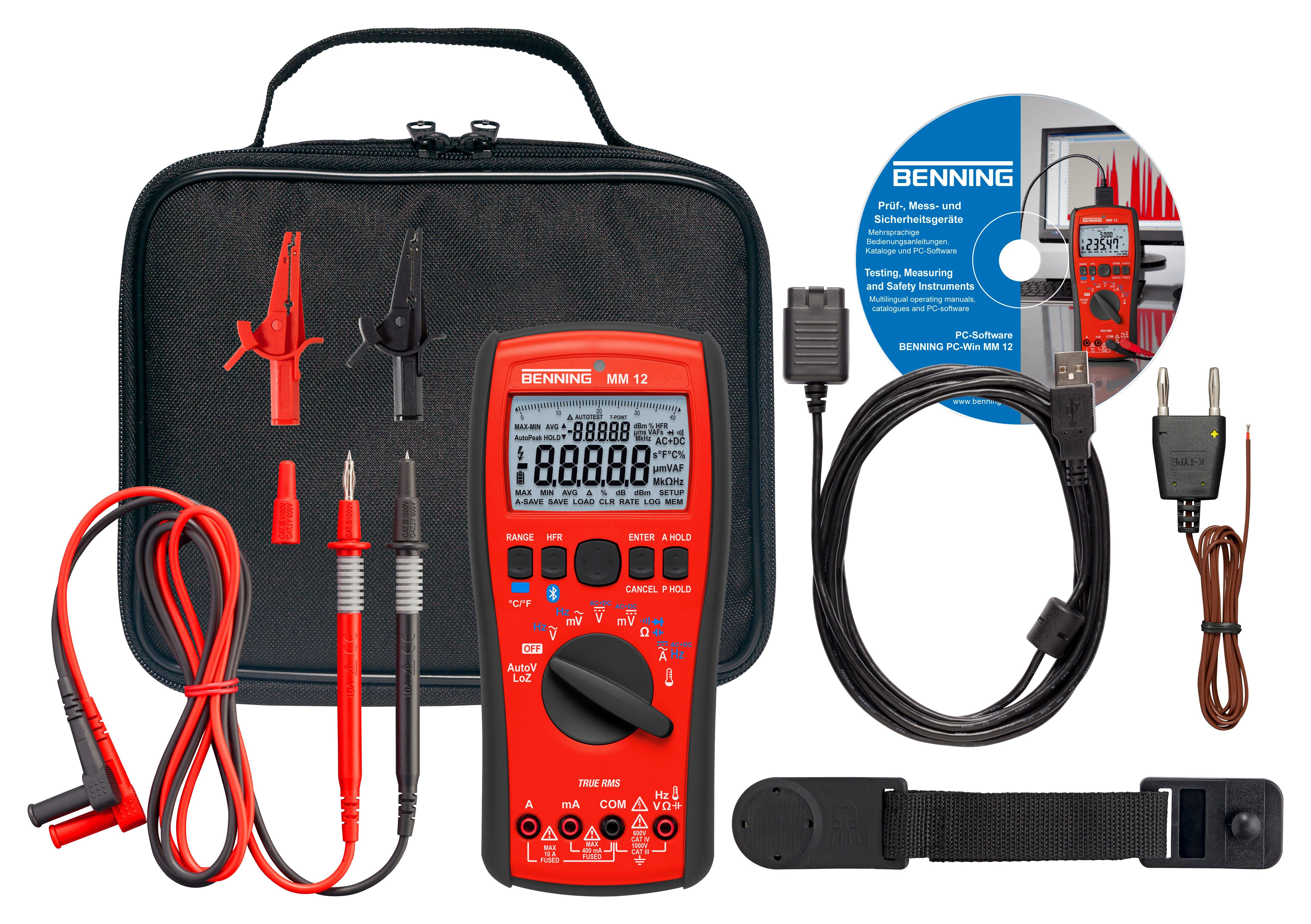 BENNING MM 12, True RMS Digital-Multimeter Spannung, Strom, Widerst., Frequenz, Kapaz., Temperatur. Datalog, Bluetooth, Softw., App, USB. Cat IV 600 V. Inkl. Zubehör