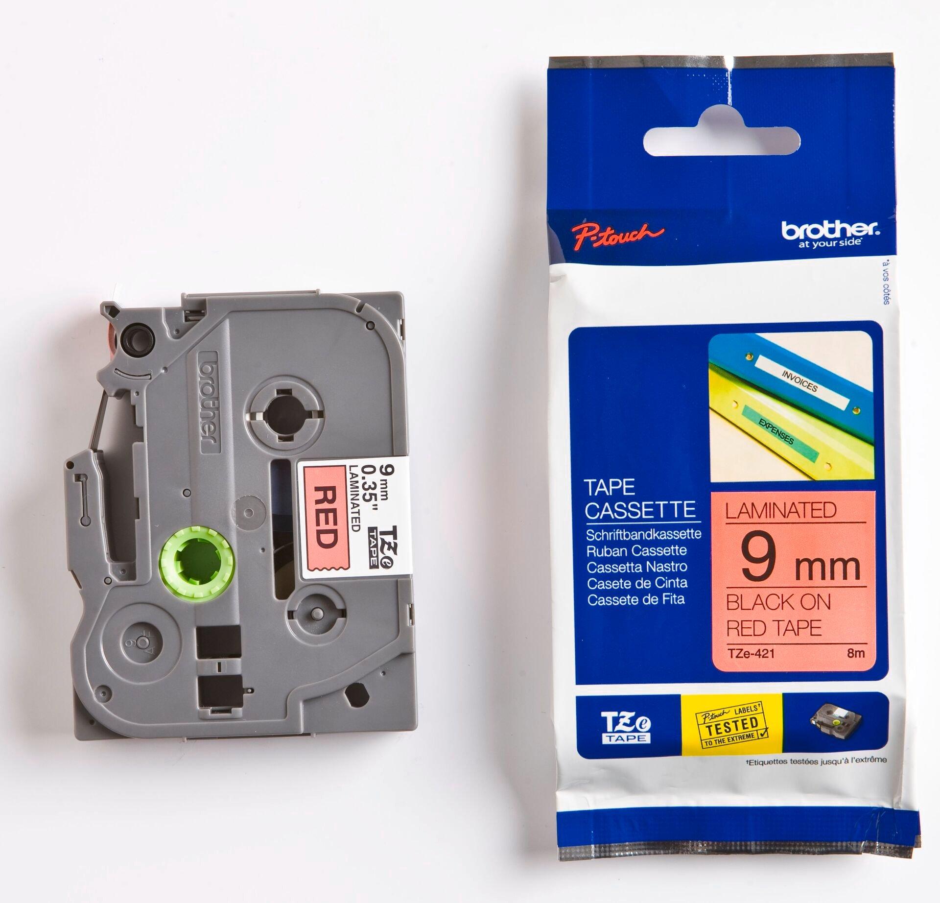 TZE421, Schriftband TZe-421 (lam.) Schwarz auf Rot BxL 9mm x 8m