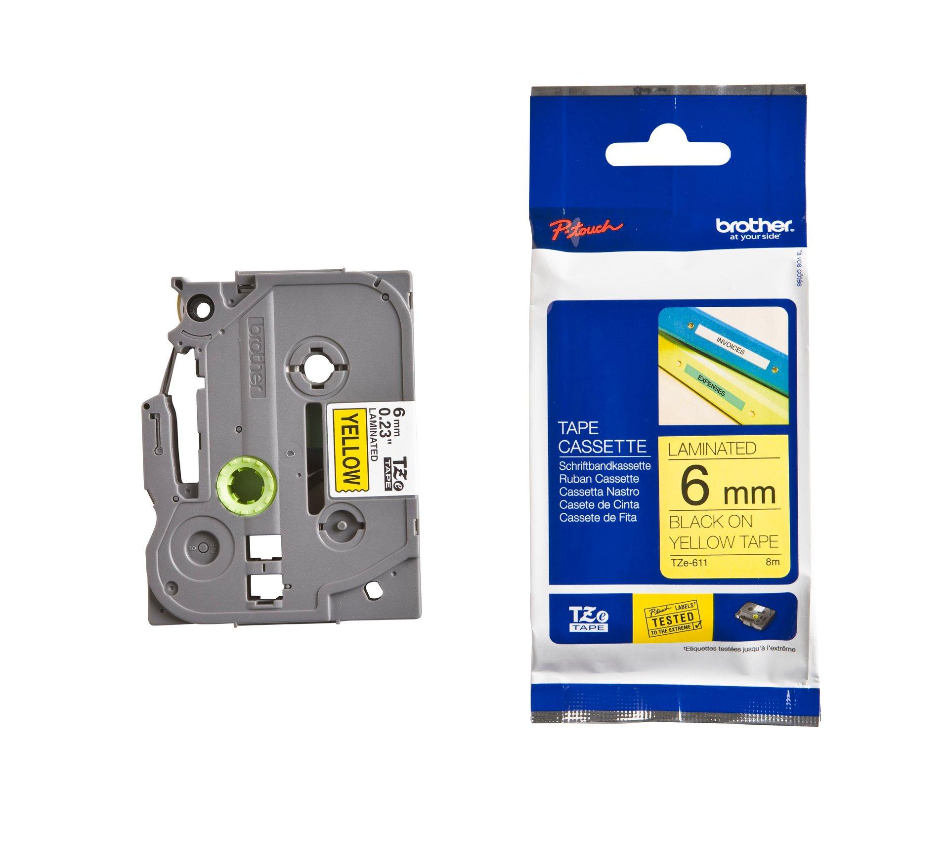 TZE611, Brother Schriftband TZe-611 (lam.) Schwarz auf Gelb 6mm x 8m