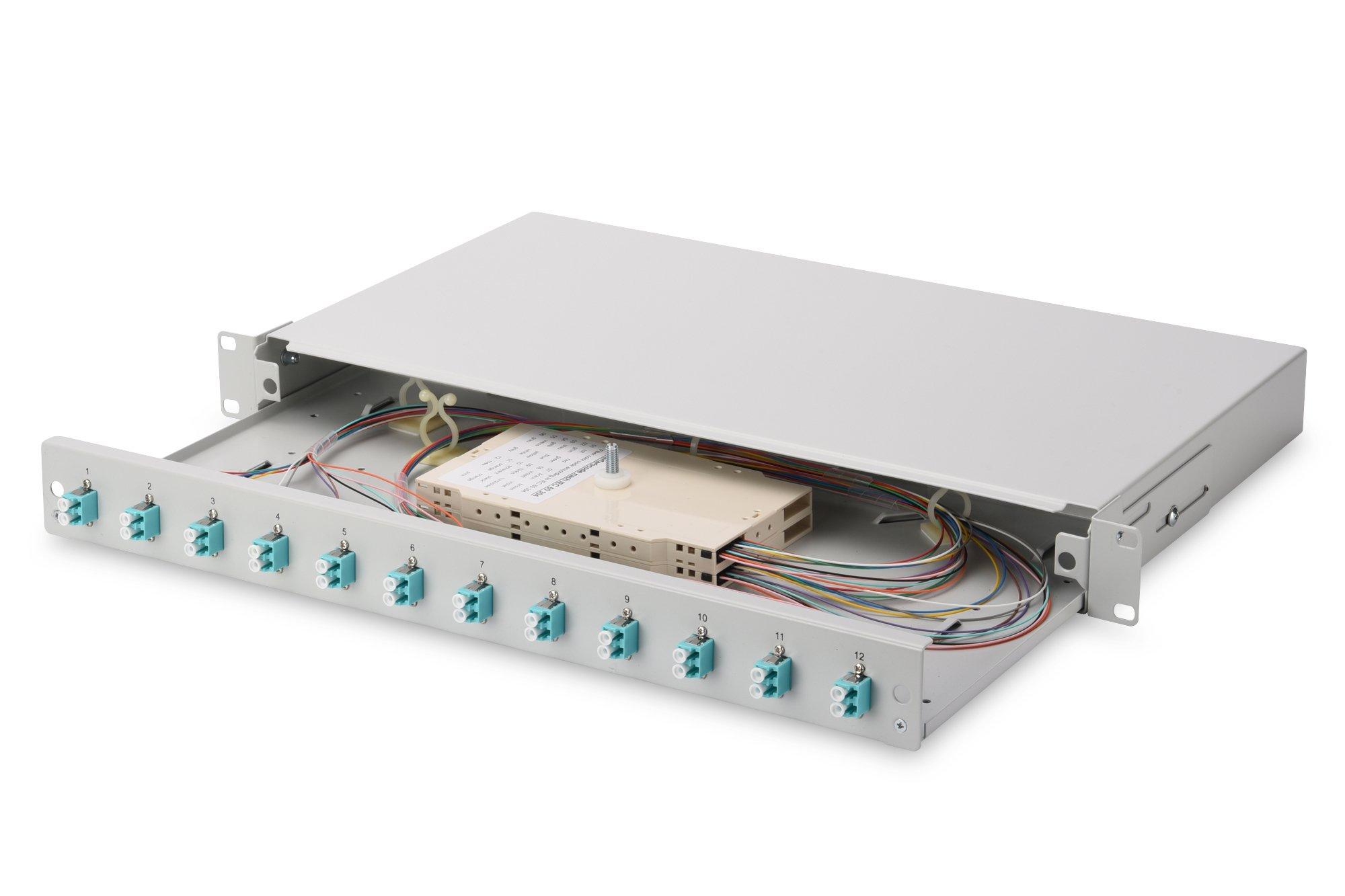 HDN-96331/3, Spleißbox- ausziehbar 12 LC Duplex MM-Kupplungen OM3 Keramik inkl. Pigtails, vorkonfektioniert