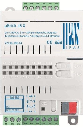 72130-180-14, IPAS uBrick s6 KNX Jalousieaktor besitzt 6 Kanäle 10A resistiv (A, B, C, D, E, F) mit jeweils 2 Schaltkontakten für bis zu 6 Jalousie