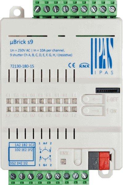 72130-180-15, IPAS uBrick s9 KNX Jalousieaktor besitzt 9 Kanäle 10A resistiv (A bis I) mit jeweils 2 Schaltkontakten für bis zu 9 Jalousie- oder Rollladenantriebe