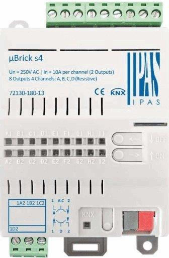 72130-180-13, IPAS uBrick s4 KNX Jalousieaktor besitzt 4 Kanäle 10A resistiv (A, B, C, D) mit jeweils 2 Schaltkontakten für bis zu 4 Jalousie