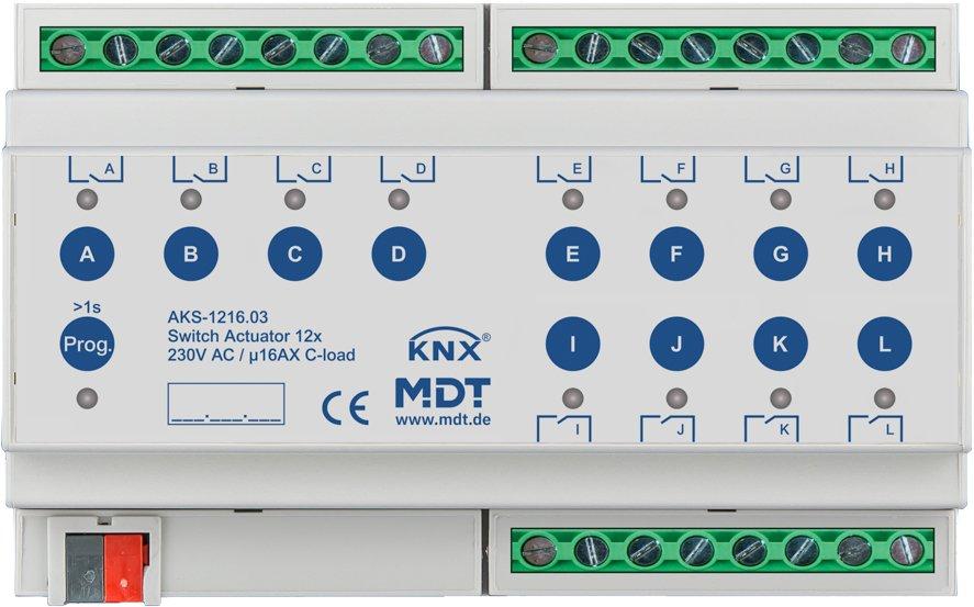 AKS-1216.03, KNX Schaltaktor 12-fach, 8TE REG, 16&nbsp;A, 230&nbsp;V&nbsp;AC, C-Last, Standard, 140&nbsp;µF