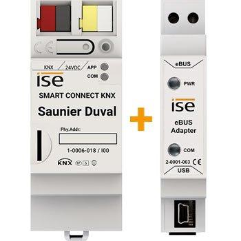 Set SMART CONNECT KNX Saunier Duval, KNX Integration vom Saunier Duval System inkl. Zubehör/incl. accessories1x SMART CONNECT KNX Saunier Duval KNX/TP, 1xUSB, 1xRJ45, 2TE/DU(REG/DRA plus) 1x eBUS Adap
