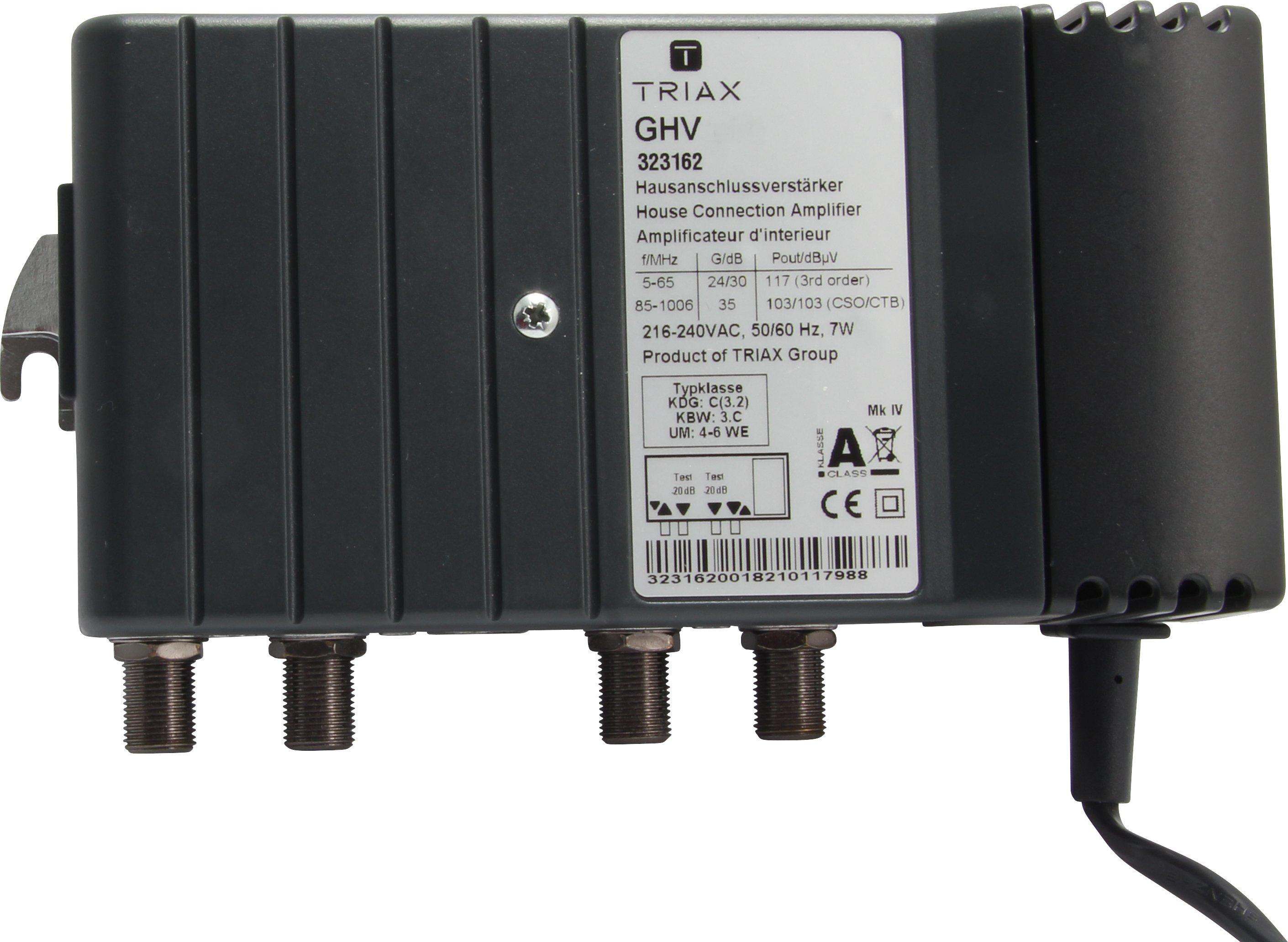 GHV 935, Multimediafähiger BK-Verstärker, Verstärkung  vorwärts 35 dB, rückwärts 24/30 dB, max. Ausgangspegel 103/105 dBµV (42 ch. 0/7 dB slope) -