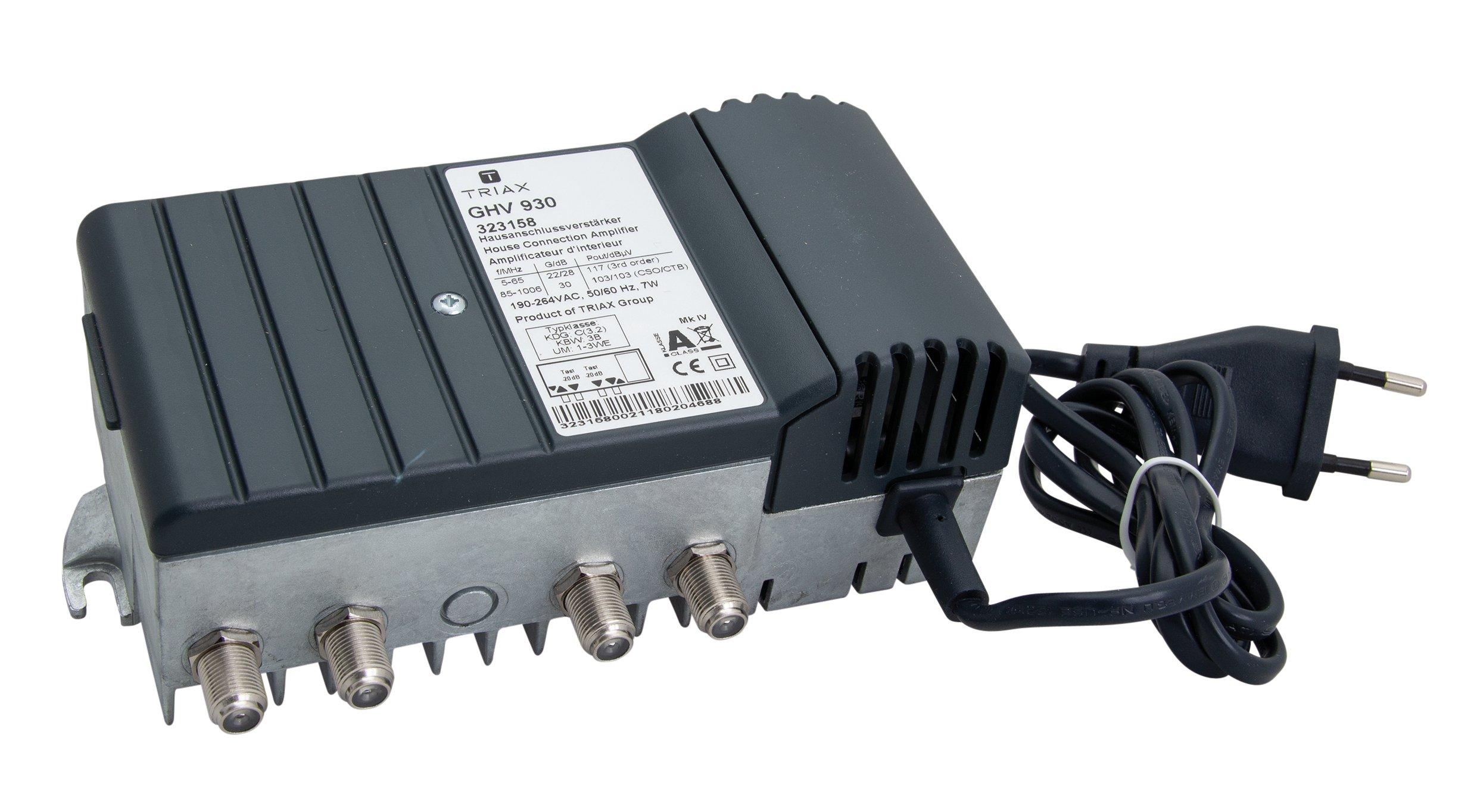 GHV 930, Multimediafähiger BK-Verstärker, Verstärkung  vorwärts 30 dB, rückwärts 22/24 dB, max. Ausgangspegel 103/105 dBµV (42 ch. 0/7 dB slope) -