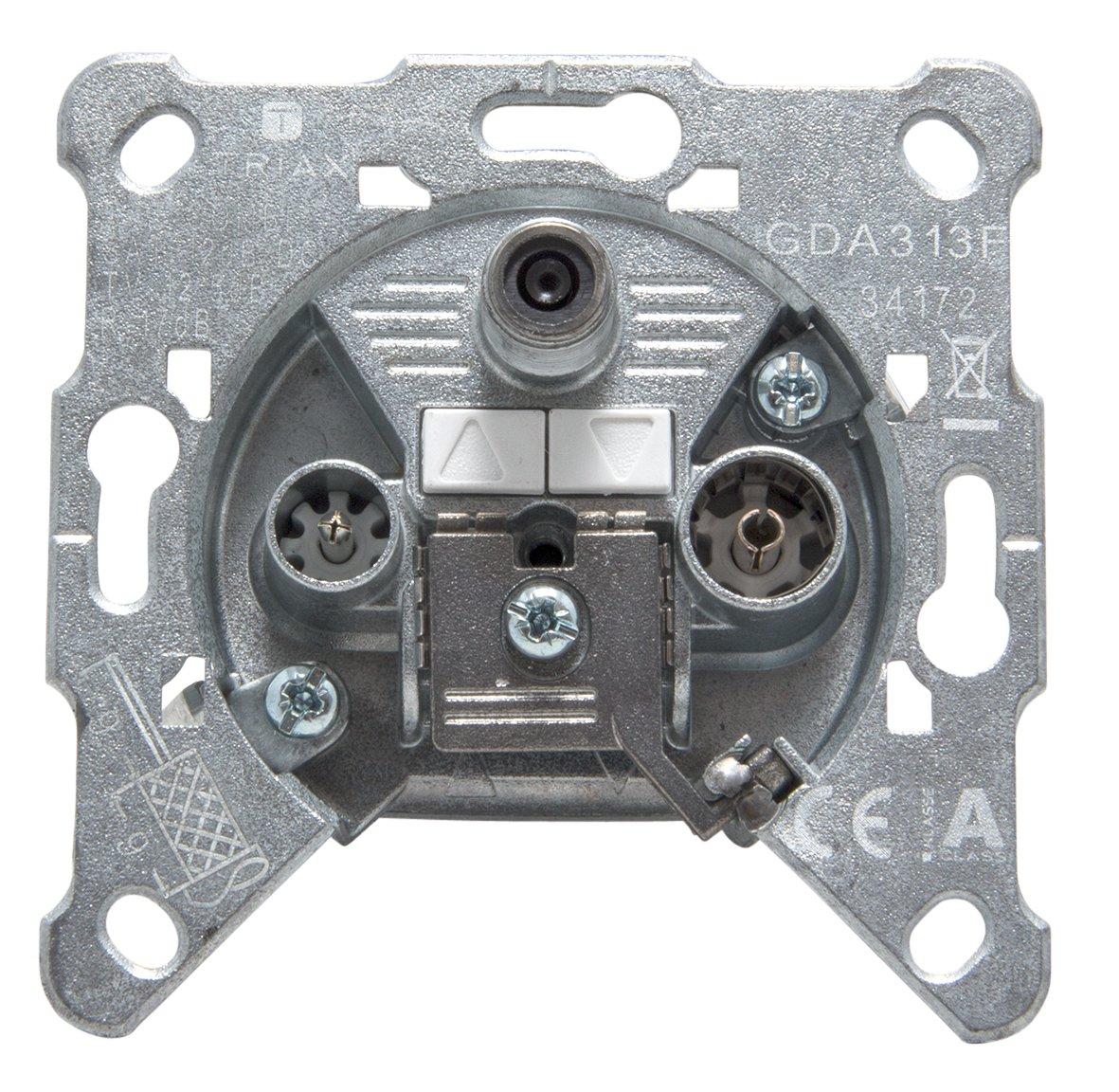 GDA 313 F, 3-fach Durchgangsdose, SAT/BK, 5-2400 MHz, DC-Durchlass über SAT- F-Anschluss , IEC-Stecker-Ausgang für TV, IEC-Buchsen-Ausgang für RF -