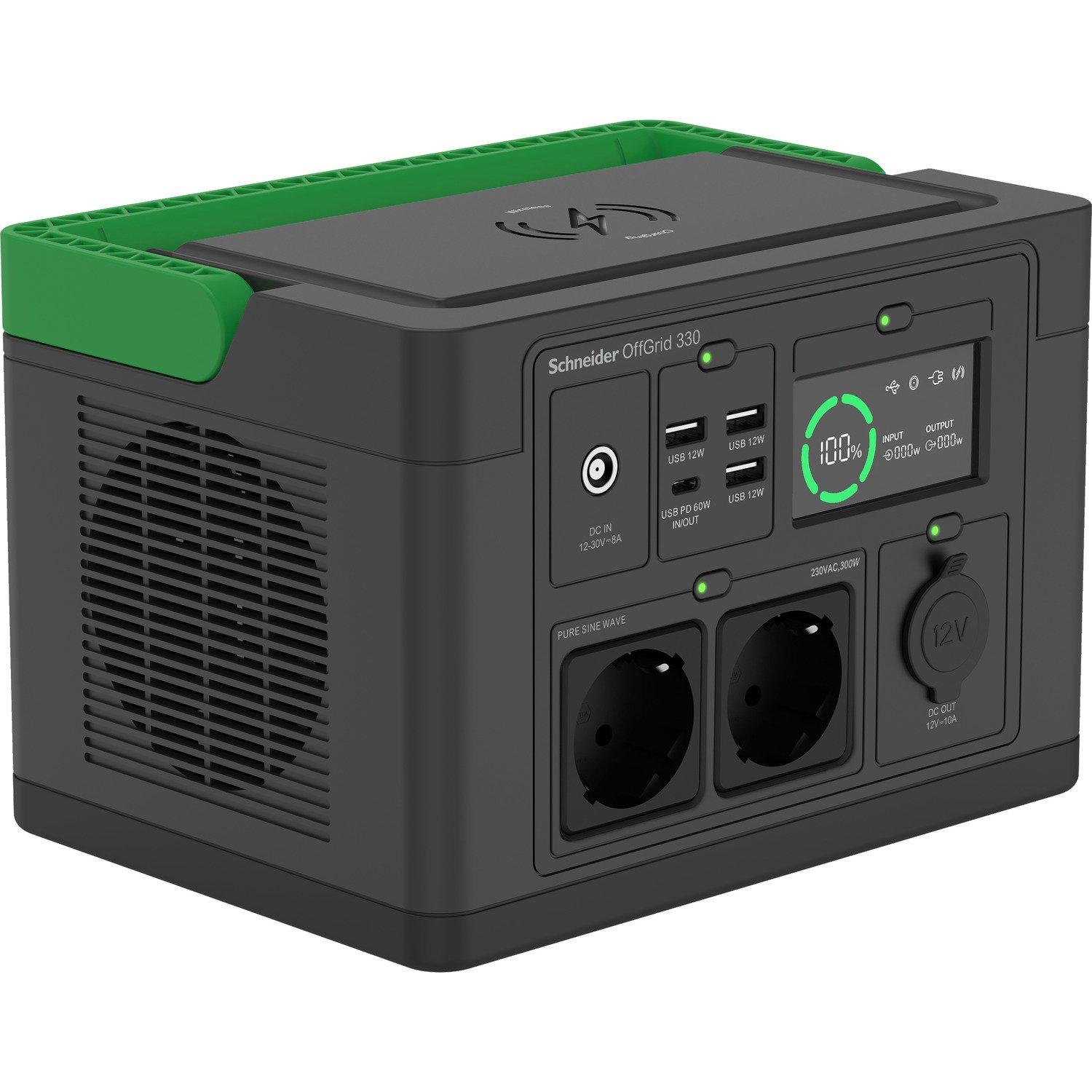 PPS330-GR, Schneider tragbare OffGrid Powerstation 330, 230V, 332Wh Lithium-Ionen, LCD, 2 Schuko Ausgänge, Sinuswelle, 3 USB-A, 1 USB-C, kabelloses Ladegerät