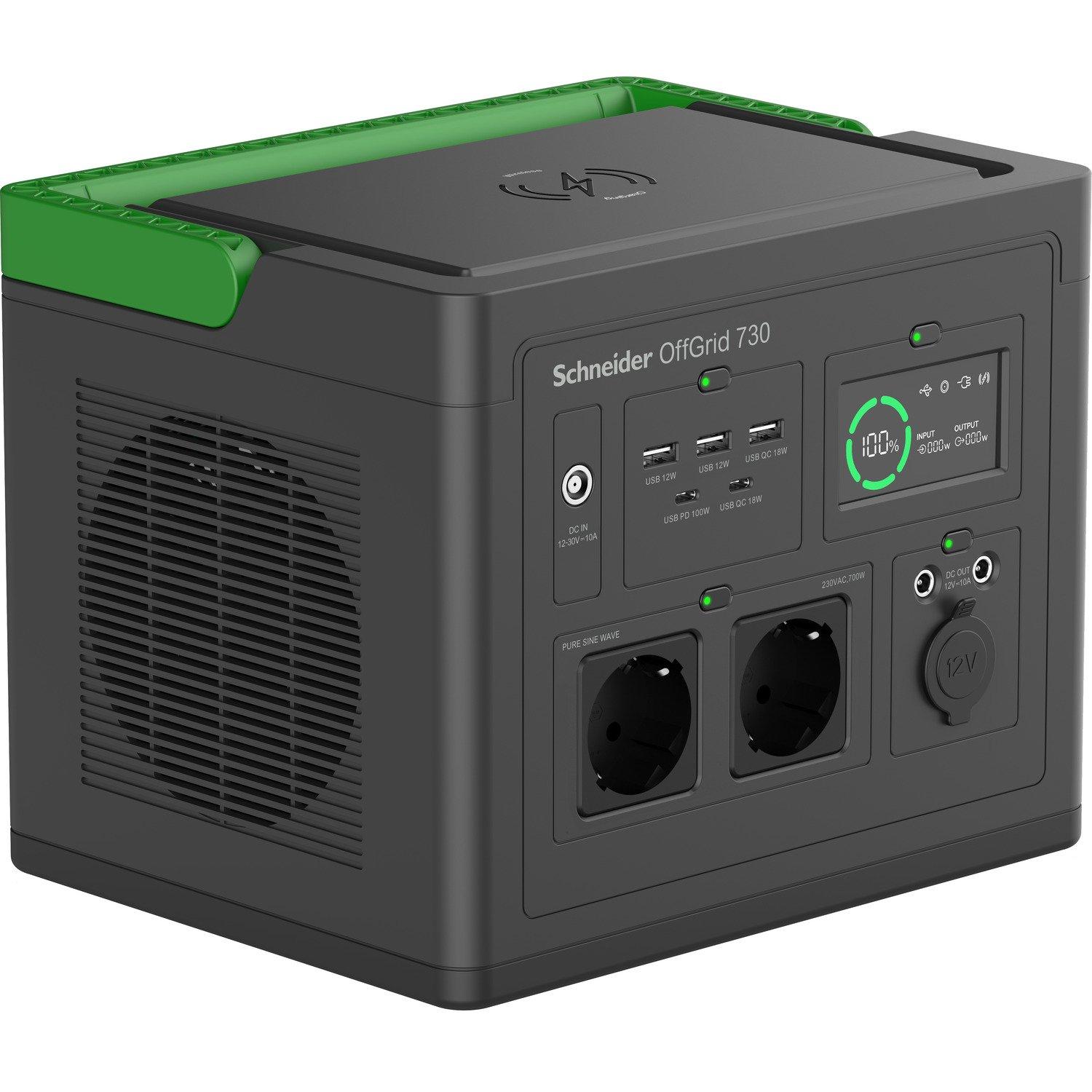 PPS730-GR, Schneider tragbare OffGrid Powerstation 730, 700W, 738Wh Lithium-Ionen, LCD, 2 Schuko Ausgänge, Sinuswelle, 3 USB-A, 2 USB-C, kabelloses Ladegerät