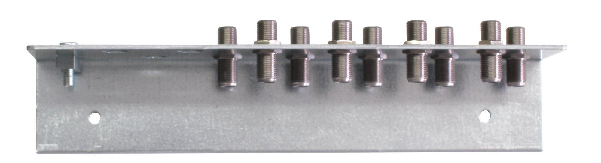 ESF 09, Erdungswinkel, zum Anschluss von einer Erdungsleitung und 9 Koaxialkabeln, bestückt mit 9 x FBB 07 prof F-Buchse / F-Buchse Adapter