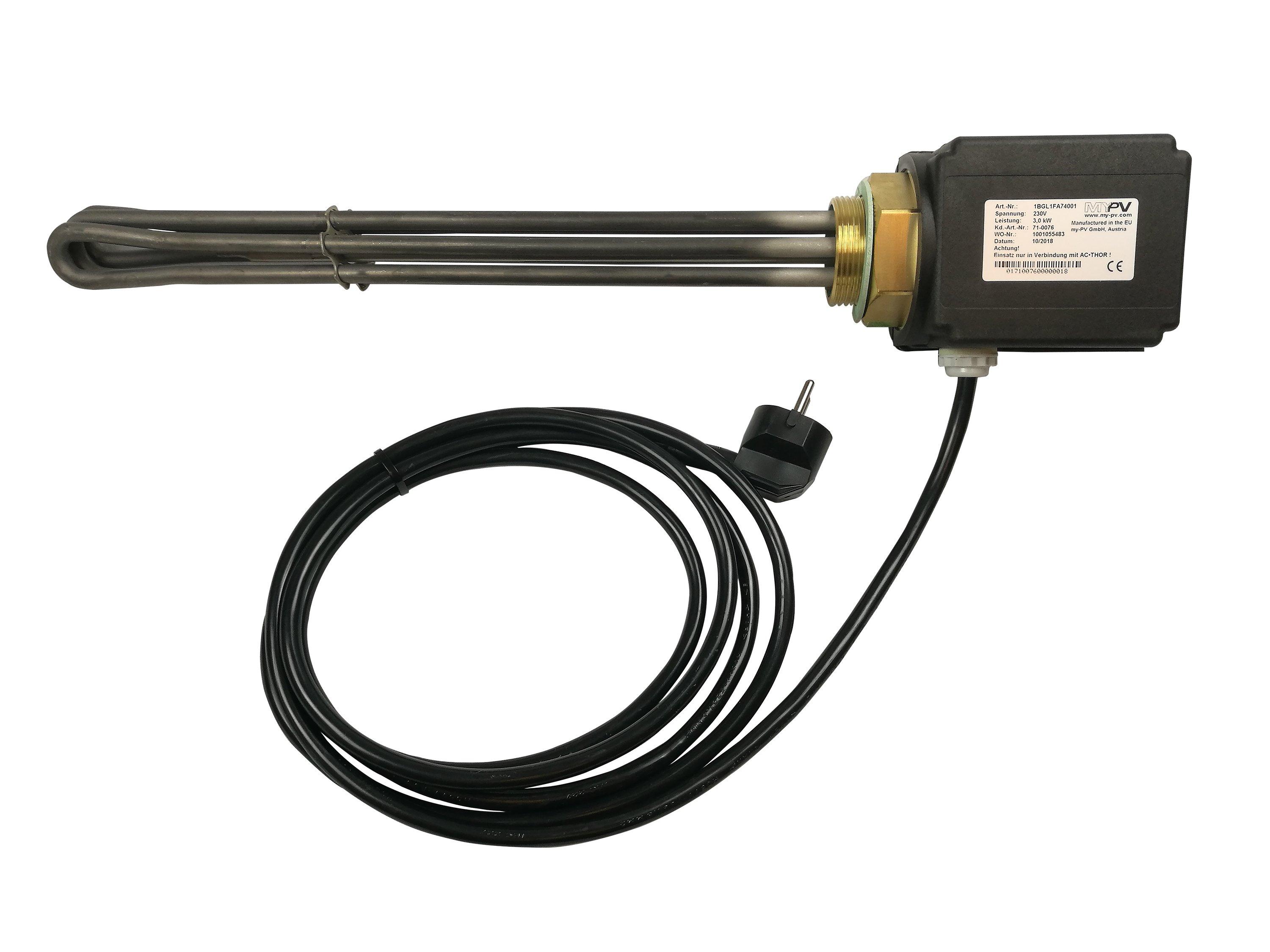 Einschraubheizkörper 3 kW einphasig ohne T., Einschraub-Heizkörper 1,5, 230 V 3 kW, ohne Thermostat, mit STB, 3 m Netzkabel mit Schukostecker (passend für AC-THOR und AC THOR9s)