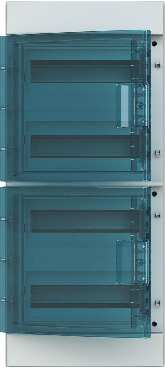 Aufputzverteiler 4-reihig 48 PLE transp. Tür (180° R/L) Petrol-Blau