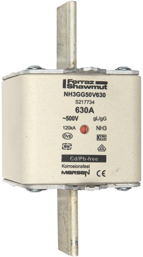 NH-Sicherung gG Gr.3 500VAC/250VDC 630A mit spannungsführenden Grifflaschen