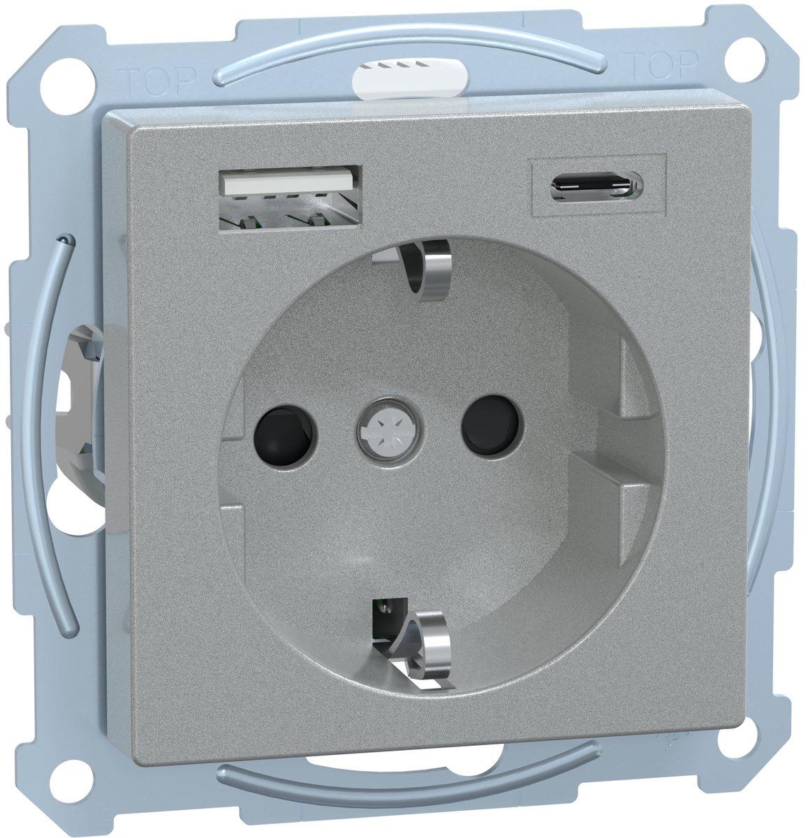 SCHUKO Steckdose mit USB Ladegerät 16A 250V Aluminium