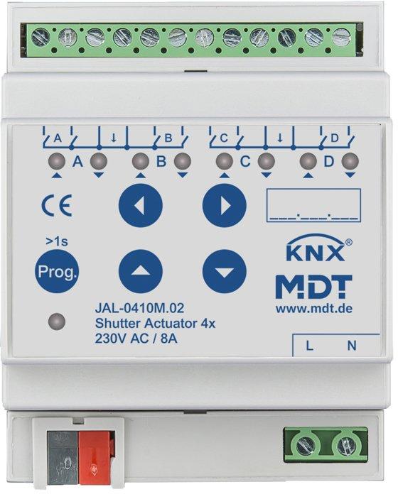 KNX Jalousieaktor 4-fach mit Fahrzeitmessung 4TE REG 8&nbsp;A 230&nbsp;V&nbsp;AC