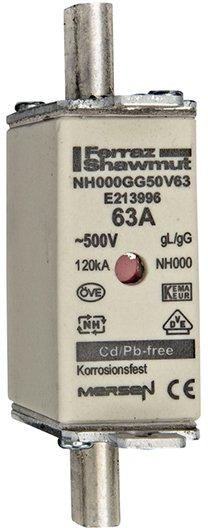 NH-Sicherung gG Gr.000 500VAC/250VDC 63A mit spannungsführenden Grifflaschen