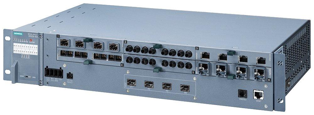 SCALANCE XR528-6M Man. Layer3 Switch 4xSFP+ 6x für Medienmodule PoE Ports hinten