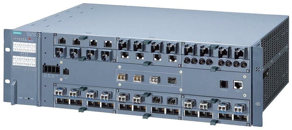 SCALANCE XR552-12M Man. Layer2 Switch 4xSFP+ 12x für Medienmodule PoE Ports vorn