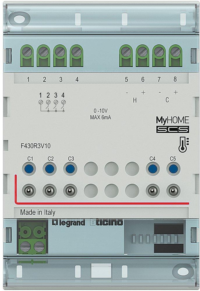 MyHome REG-Aktor für Fan-Coils 3 Schaltkontakte und 2 Ausgänge 0-10 V 4 TE