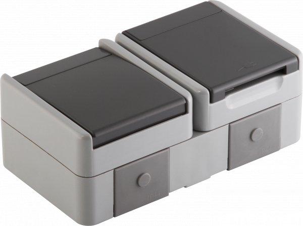 SET Steckdose Schuko+Schalter Wechs IP44 16 A + 10 AX 250 V grau