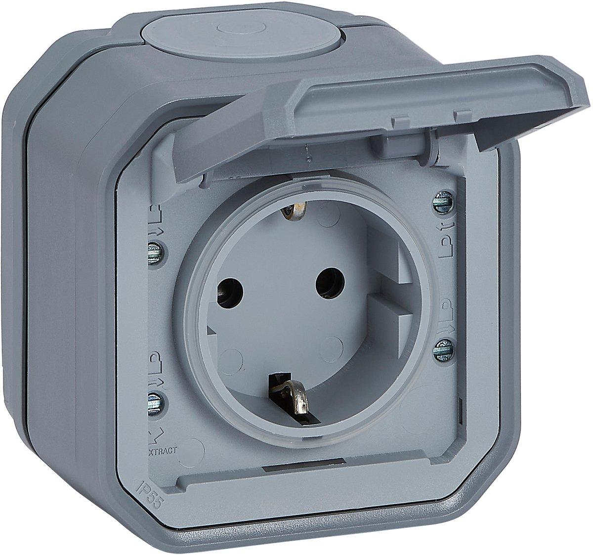 Plexo New Feuchtraum-AP Schuko-Steckdose Steckklemmen IP44 Grau