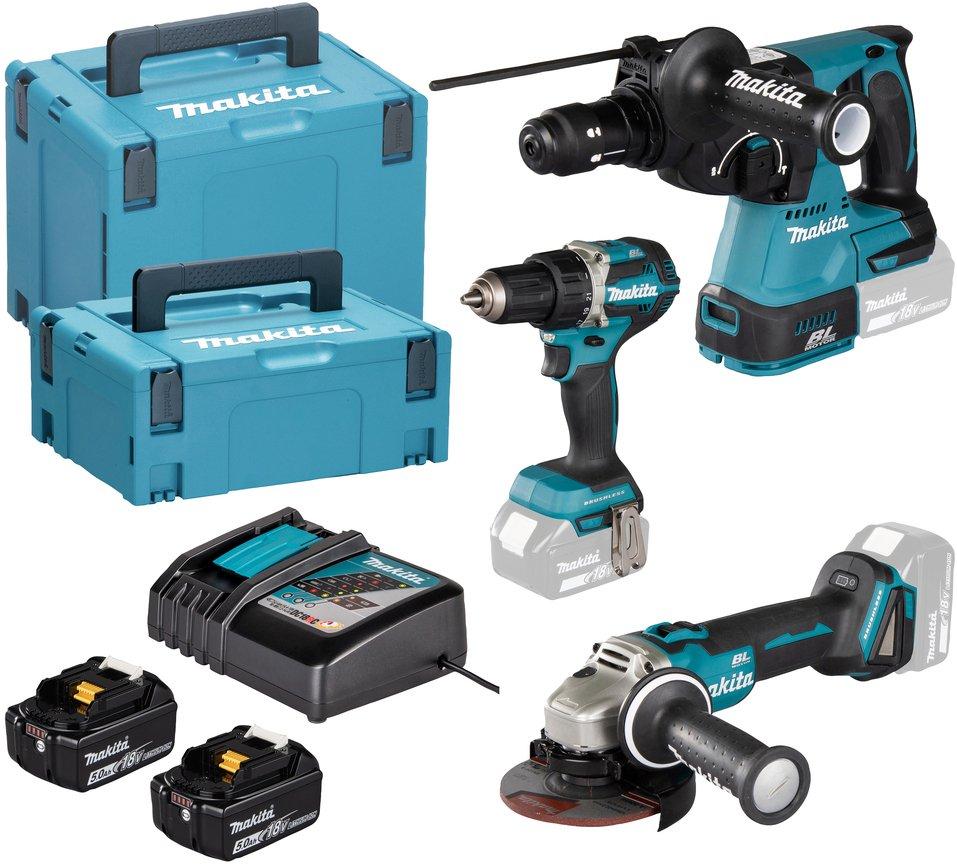 LXT Kombo-Kit mit DDF484 DGA504 DHR243 Ladegerät und 2x5,0 Ah Akkus und MAKPAC.