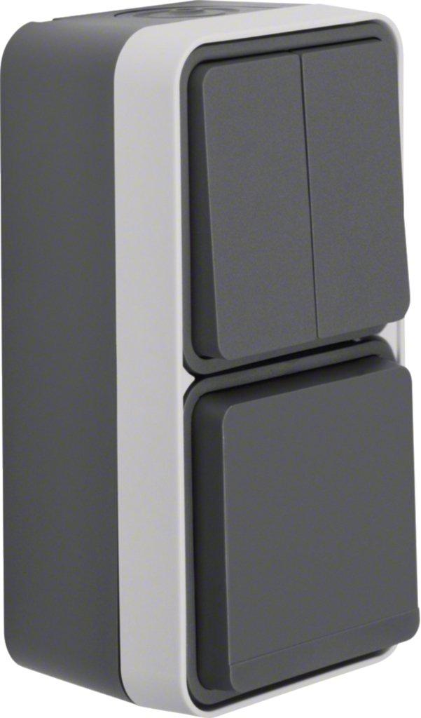 Serienschalter/Steckdose SCHUKO mit Klappdeckel AP senkrecht W.1 IP55 grau