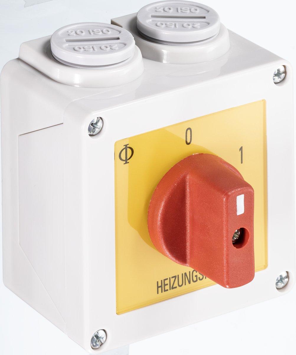 Heizungsnotschalter roter Griff gelbes Schild Gehäuse IP42