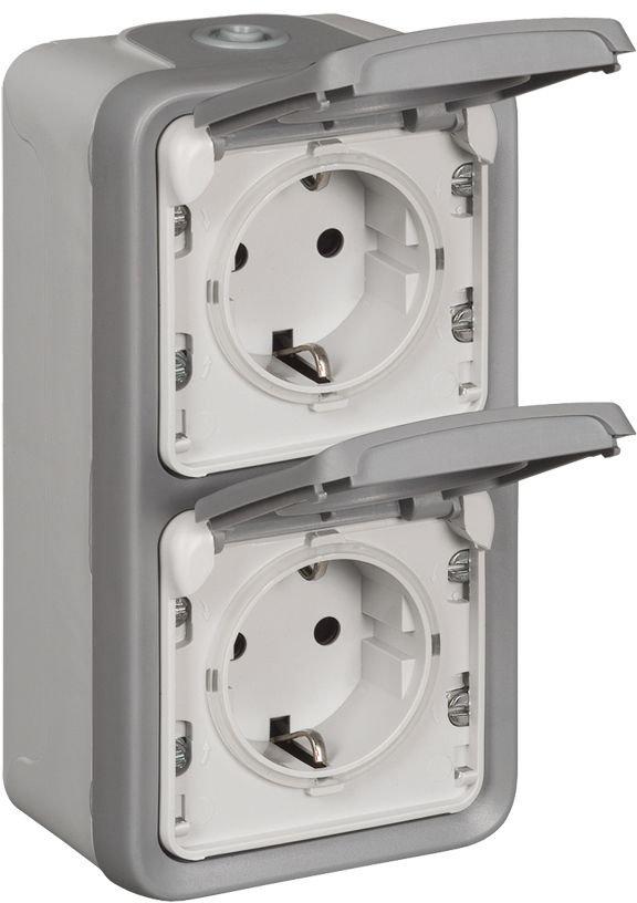 Steckdose (SL) 2-fach senkrecht IP44 Feuchtraum Aufputz Plexo 55 grau